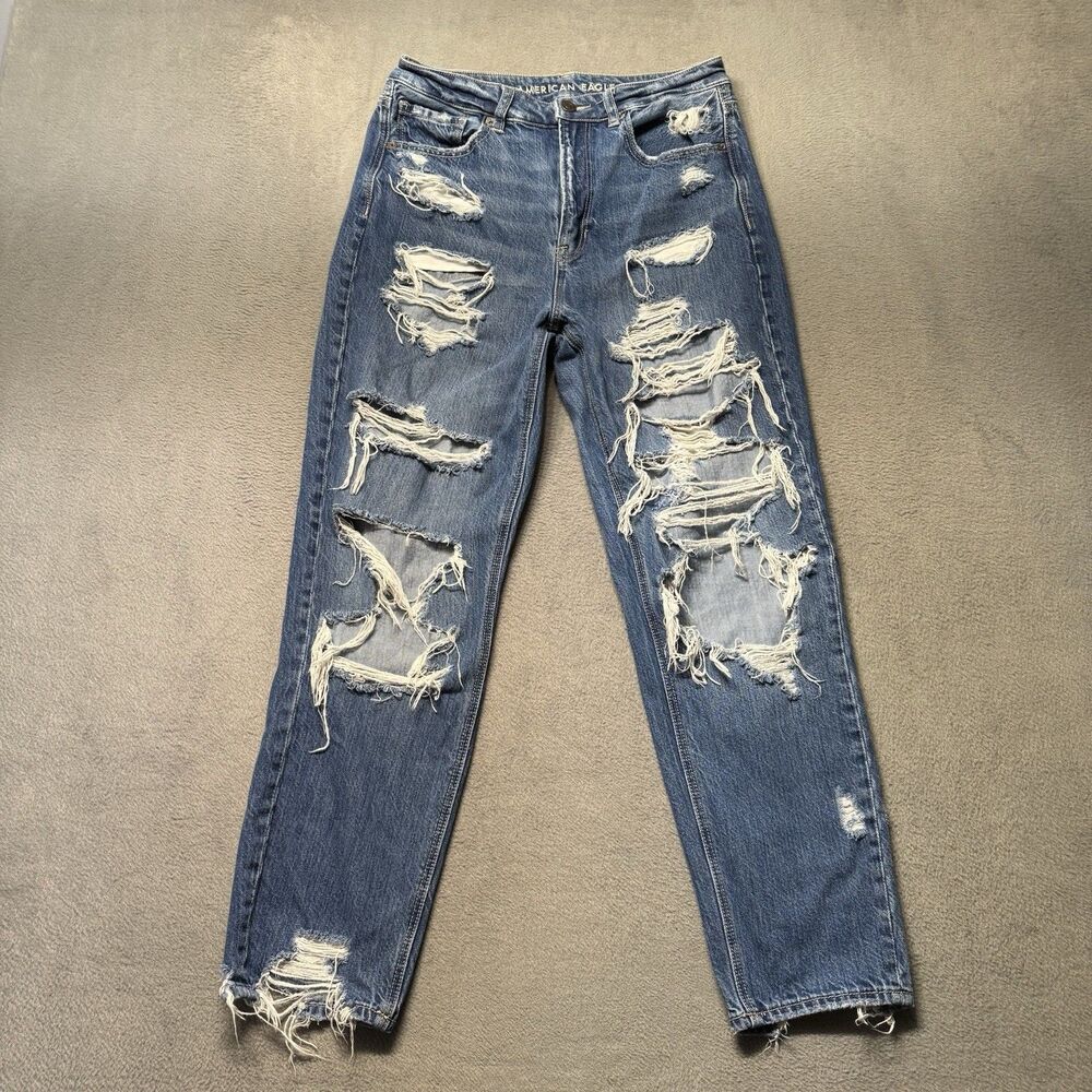 American Eagle Womens Mom Jeans Size 8 Blue Distressed Ripped High Rise Denim